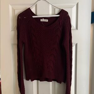 Pink Rose Red Crew Neck Sweater with Ribbed Texture